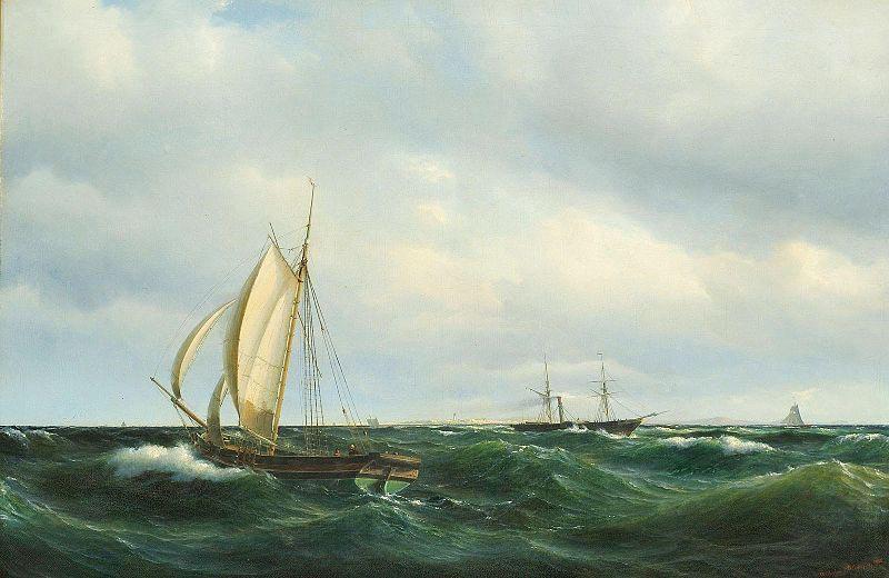  Stormfuld Eftermiddag i Skagerak. En dansk Jagt og forskjellige Skibe passere Skagen